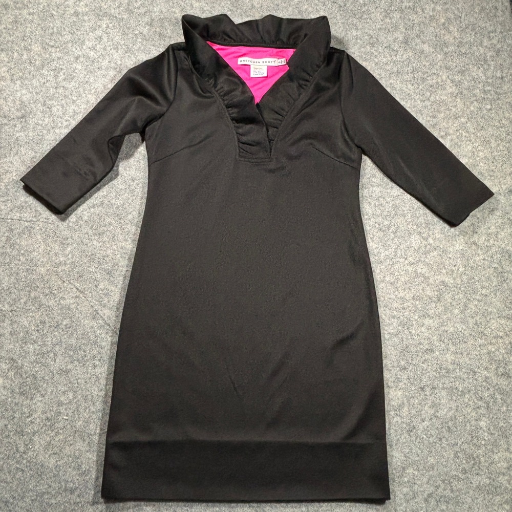 Gretchen Scott Dress Womens S Black Ruffle Collar V-Neck Dress Classic Preppy